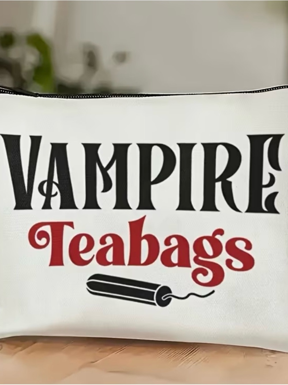 NWOT White Cosmetic/Feminine Hygiene Bag with Black & Red Vampire Teabags Print